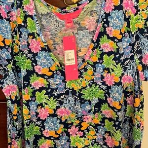 Lilly Pulitzer Navy Floral Blouse with Pink and Green Accents